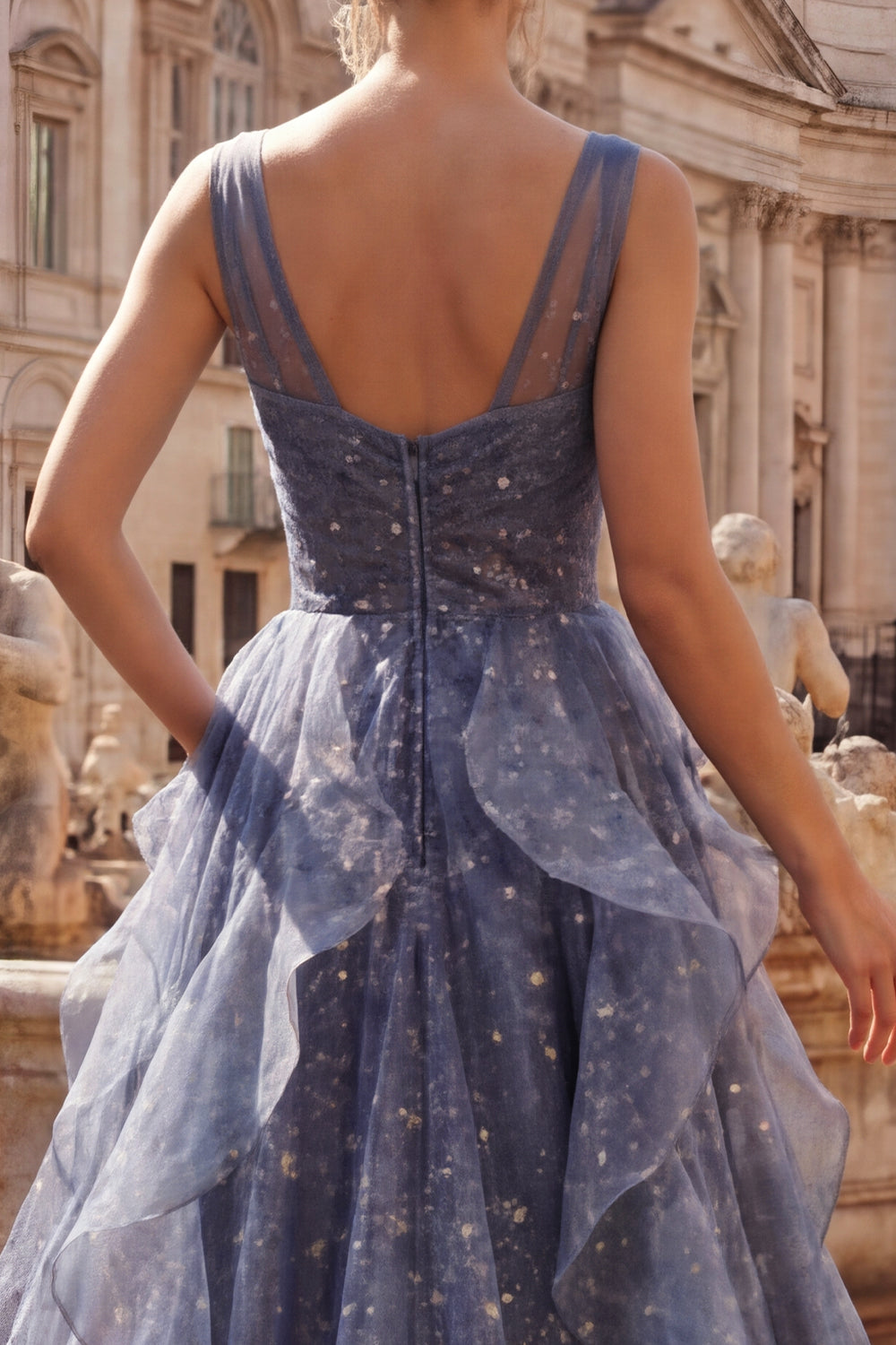 Sparkly Dusty Blue V-Neck Long Ruched A Line Formal Dress with Ruffles