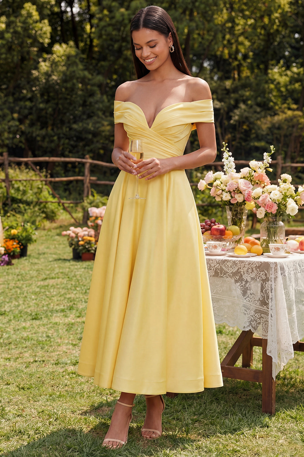 Yellow A Line Off the Shoulder Ruched Butter Maxi Beach Wedding Guest Dress