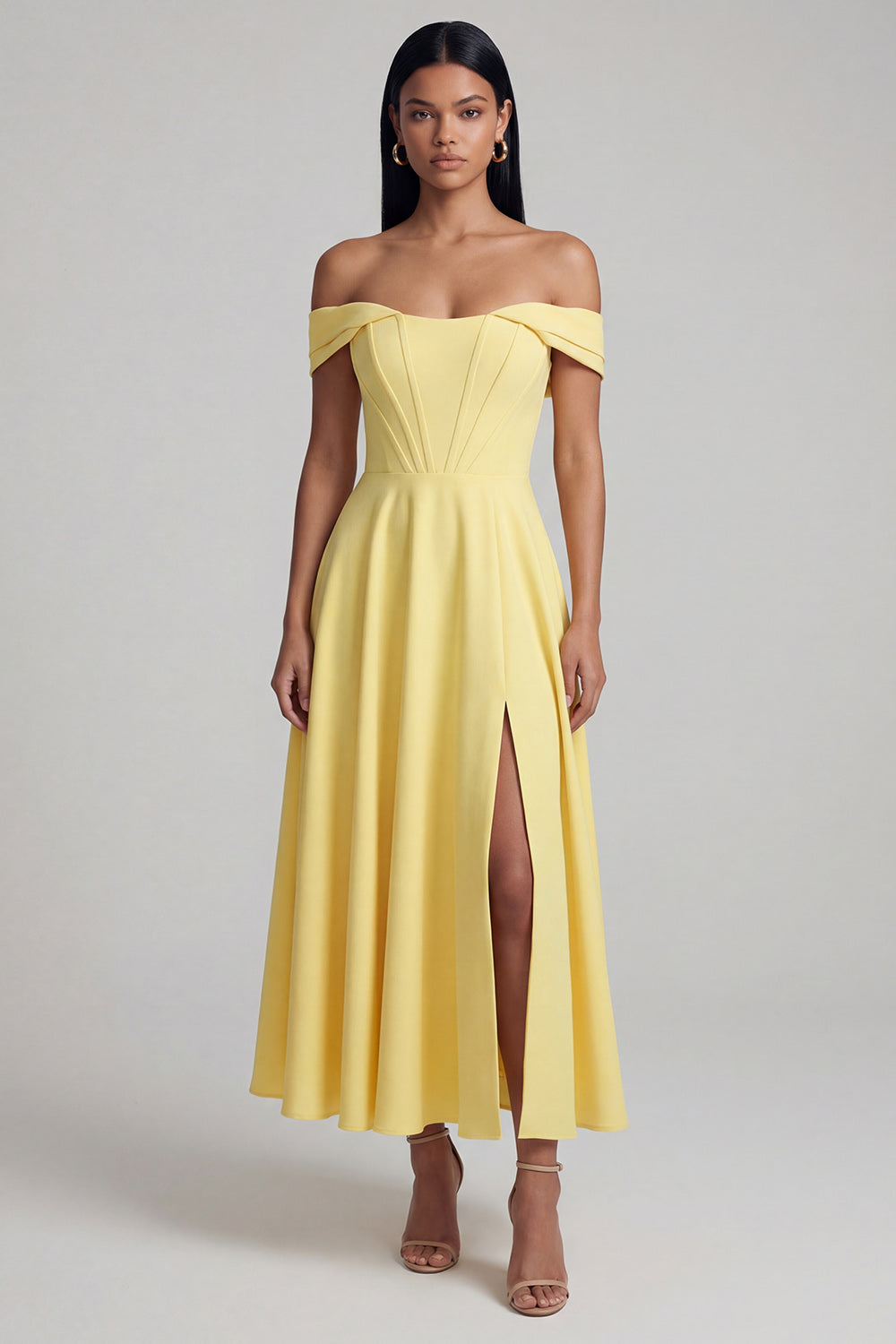 Corset Butter Yellow Maxi A Line Beach Wedding Guest Dress with Slit