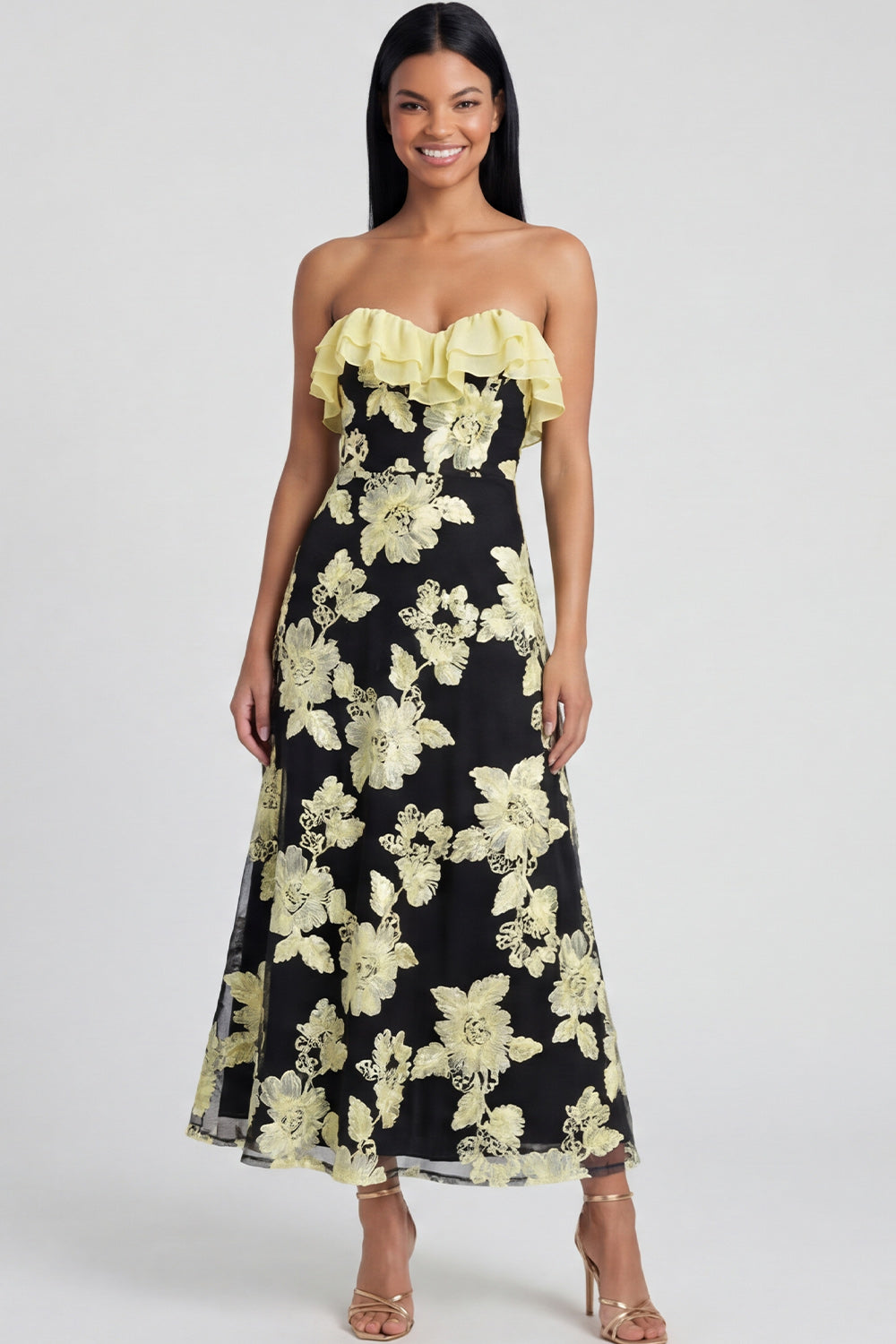 Light Blue A Line Strapless Floral Maxi Beach Wedding Guest Dress with Ruffles