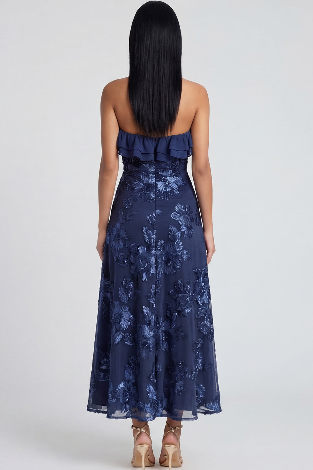 Light Blue A Line Strapless Floral Maxi Beach Wedding Guest Dress with Ruffles