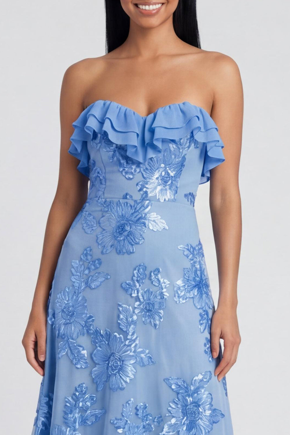 Light Blue A Line Strapless Floral Maxi Beach Wedding Guest Dress with Ruffles