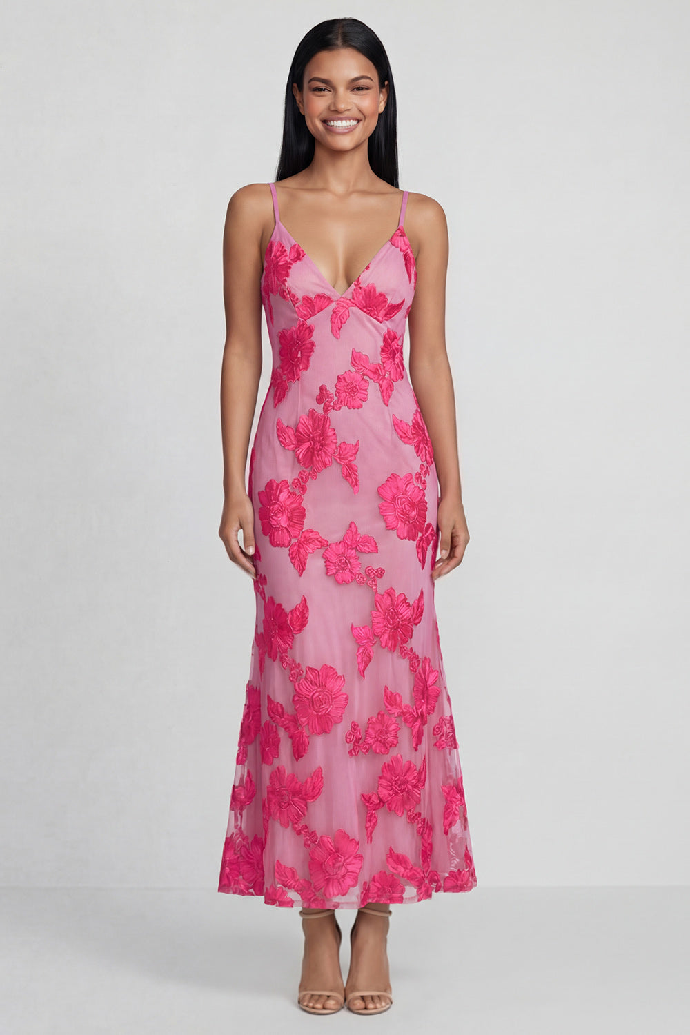 Sage Green Floral Mermaid Spaghetti Straps Maxi Beach Wedding Guest Dress