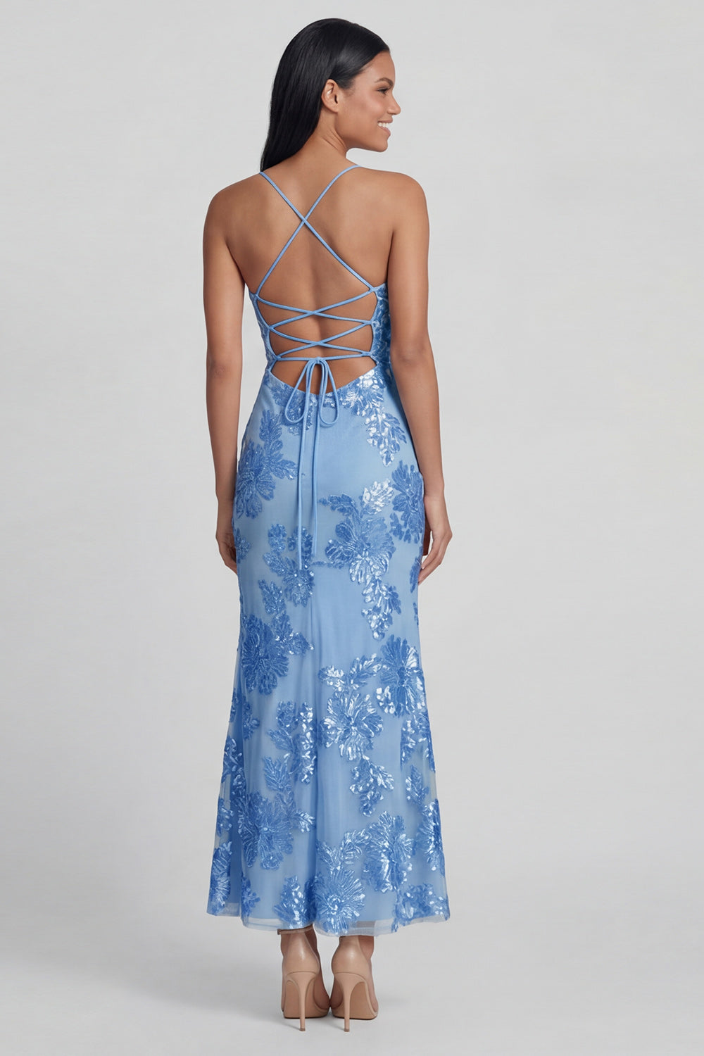 Sage Green Floral Mermaid Spaghetti Straps Maxi Beach Wedding Guest Dress