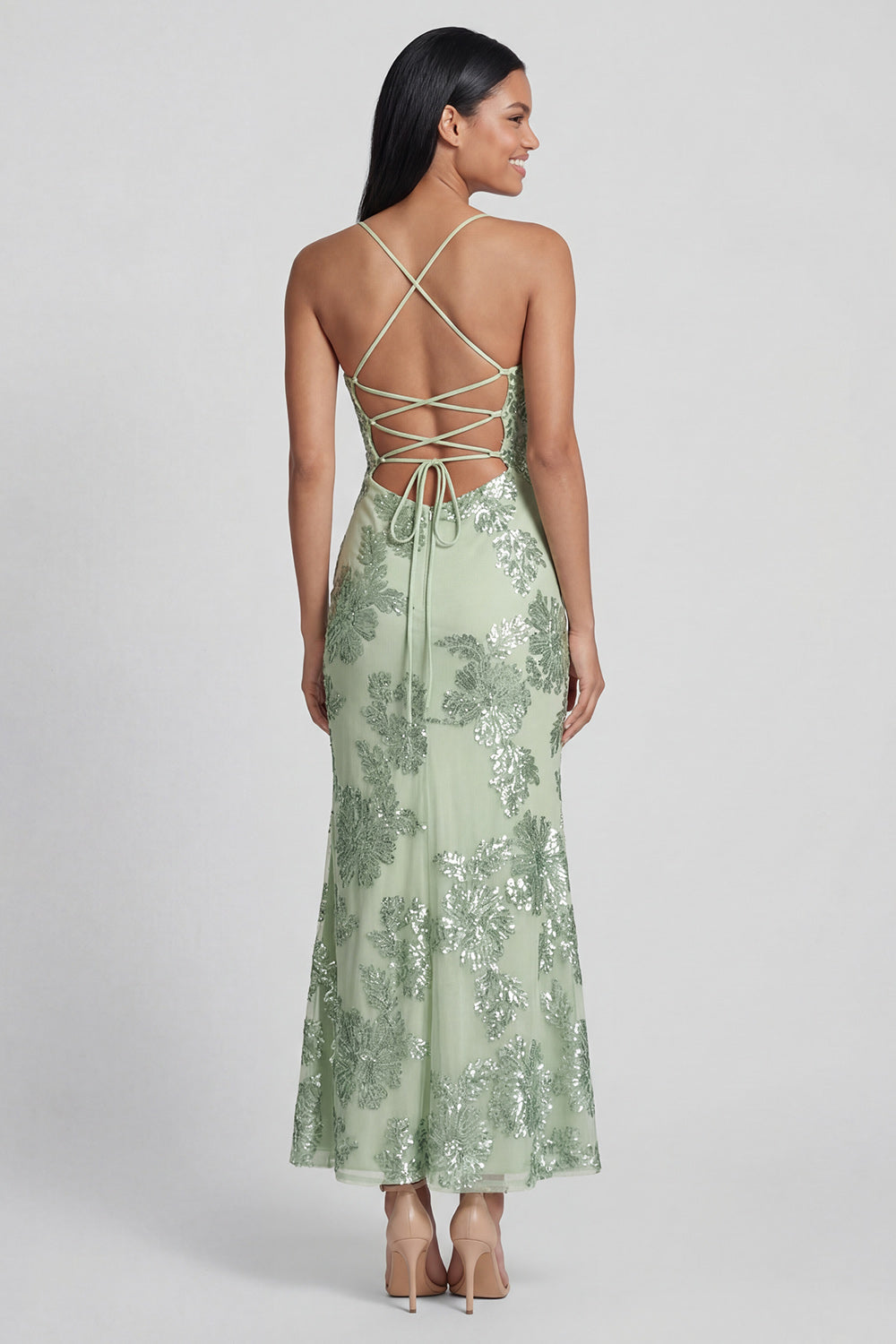 Sage Green Floral Mermaid Spaghetti Straps Maxi Beach Wedding Guest Dress