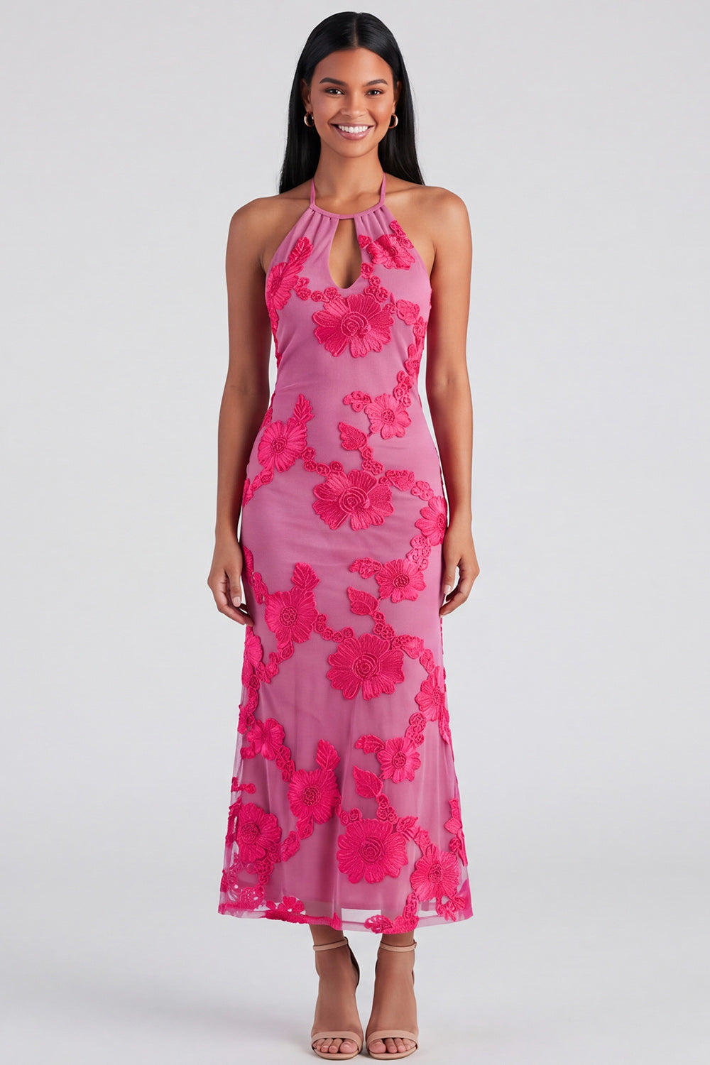 Blue Floral Mermaid Keyhole Halter Maxi Beach Wedding Guest Dress