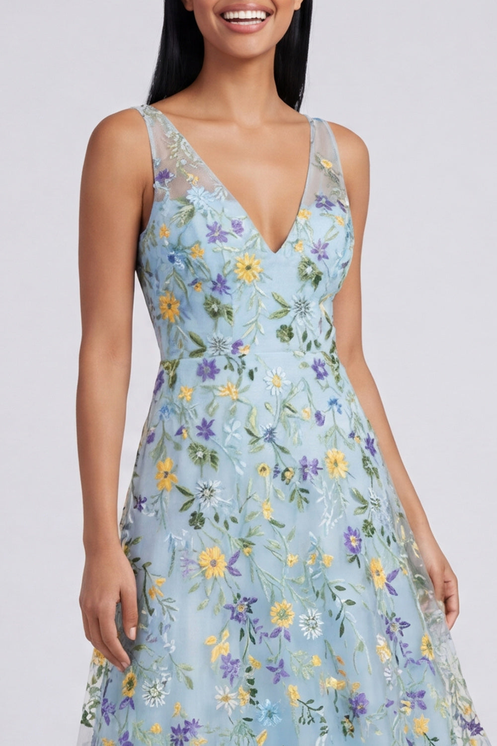 Blue Flower V-Neck A Line Maxi Beach Wedding Guest Dress