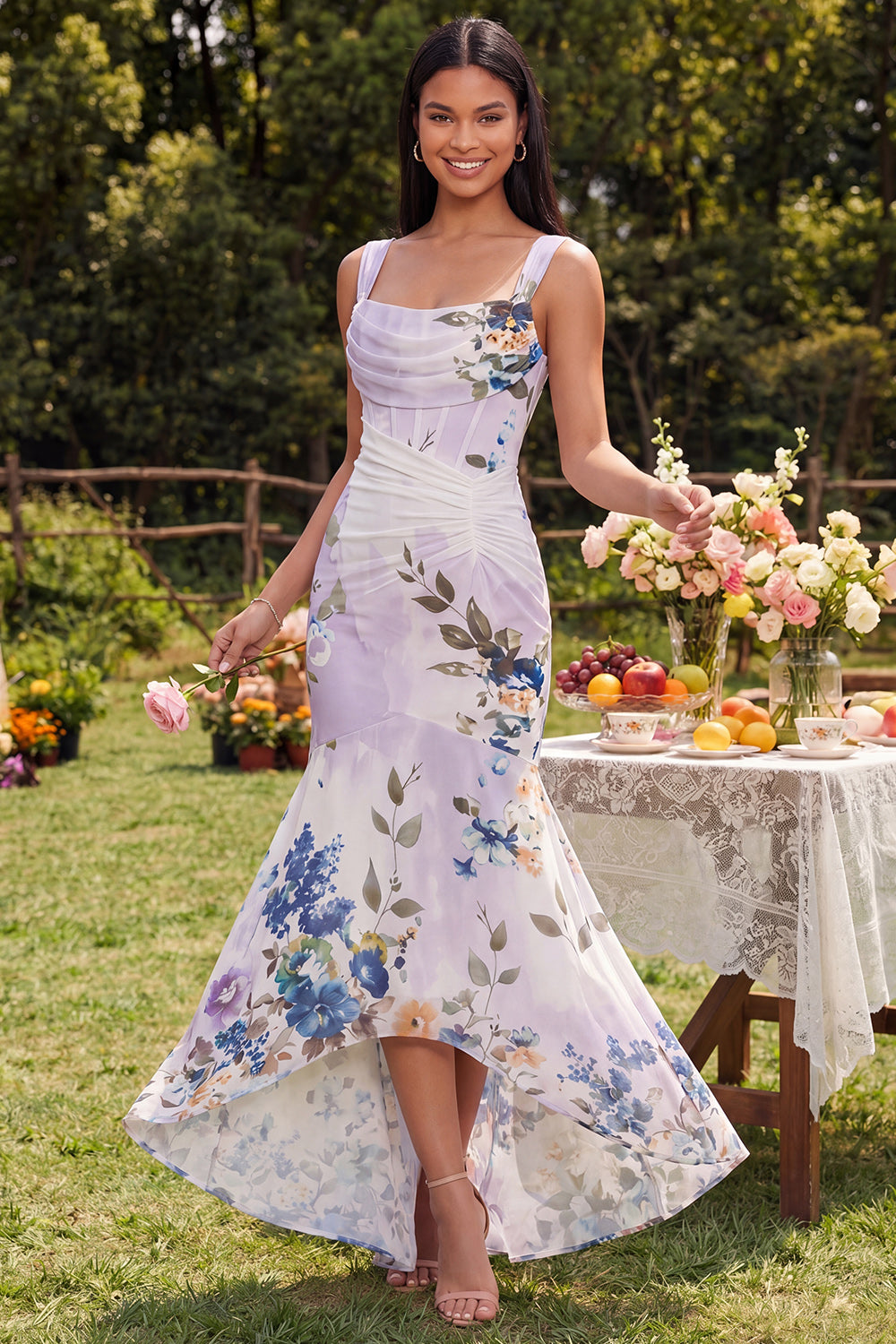 Ivory Floral Mermaid Ruched Corset Maxi Beach Wedding Guest Dress