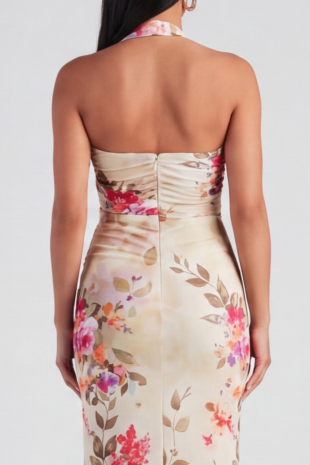 Champagne Floral Halter Sheath Ruched Maxi Beach Wedding Guest Dress