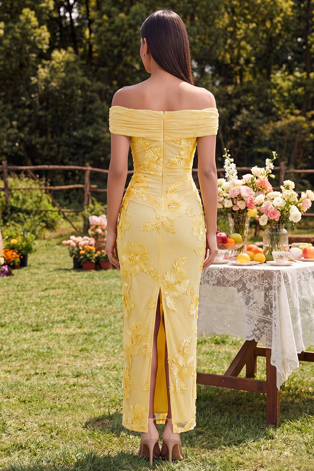 Blue Floral Off the Shoulder Mermaid Maxi Beach Wedding Guest Dress with Back Slit