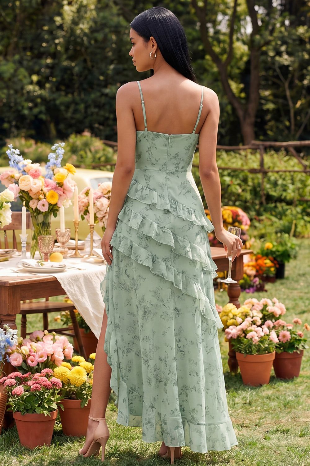 Dusty Sage Spaghetti Straps A Line Ruffled Maxi Formal Dress with Slit