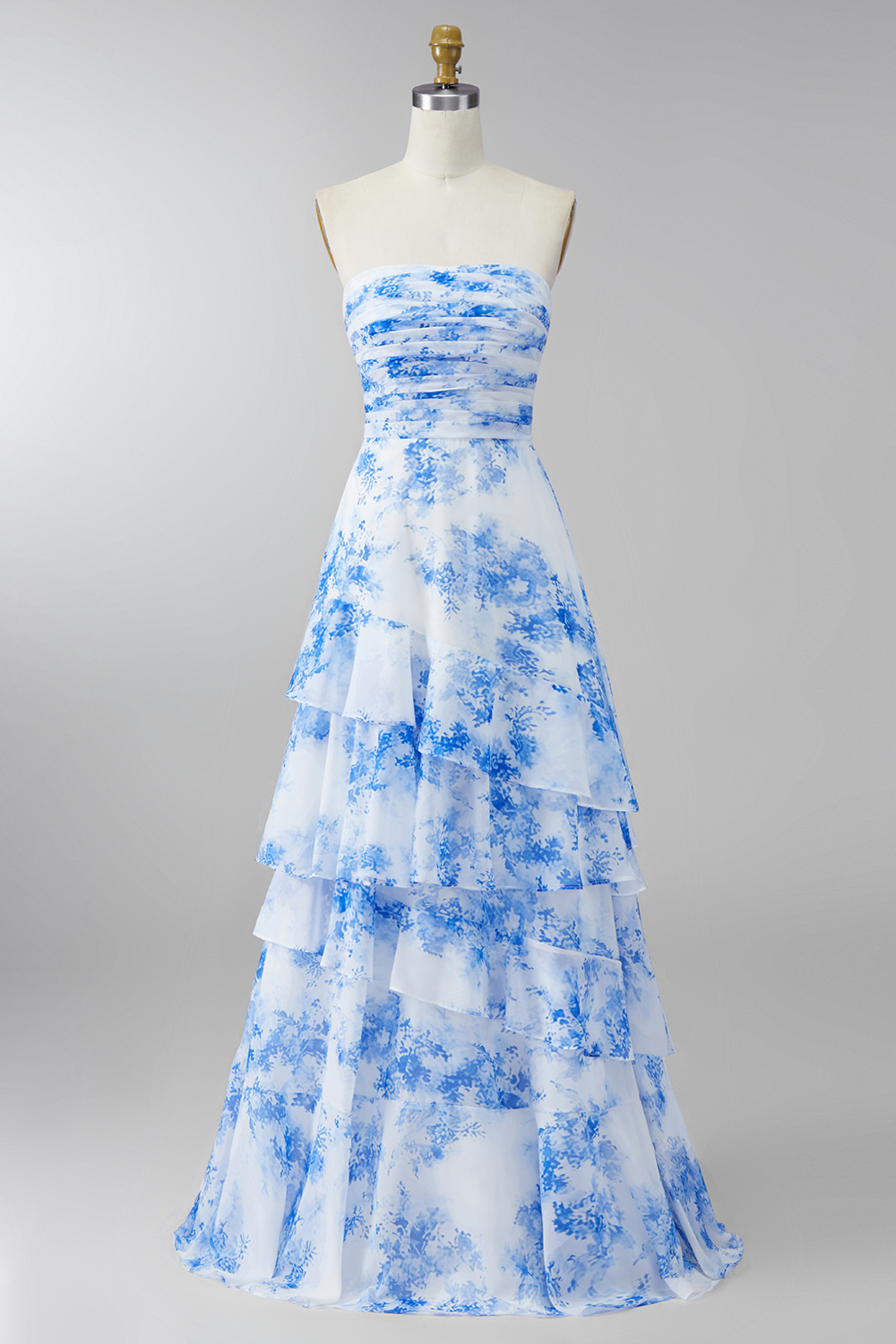 SWhite Blue Flower Strapless Ruched Maxi A Line Formal Dress with Ruffles