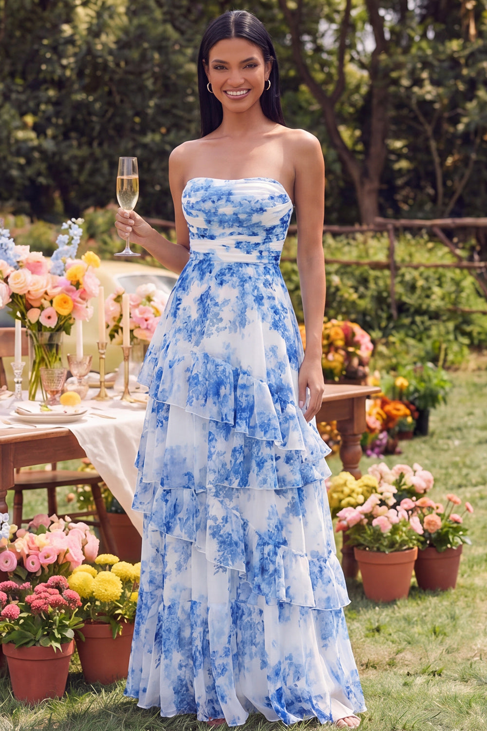 SWhite Blue Flower Strapless Ruched Maxi A Line Formal Dress with Ruffles