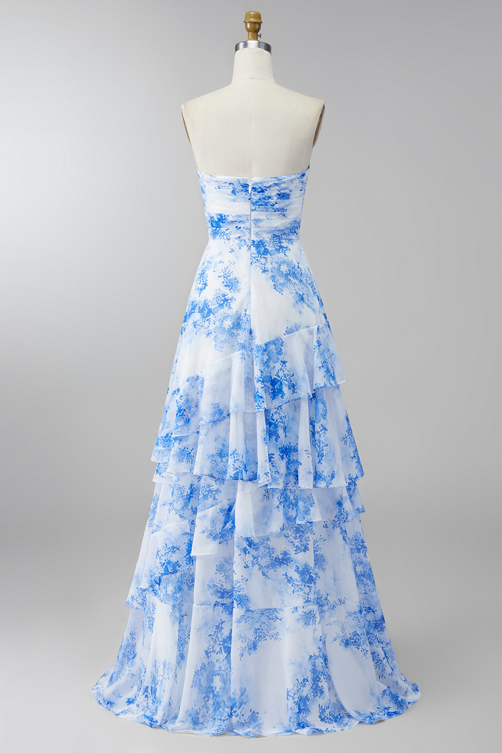 SWhite Blue Flower Strapless Ruched Maxi A Line Formal Dress with Ruffles