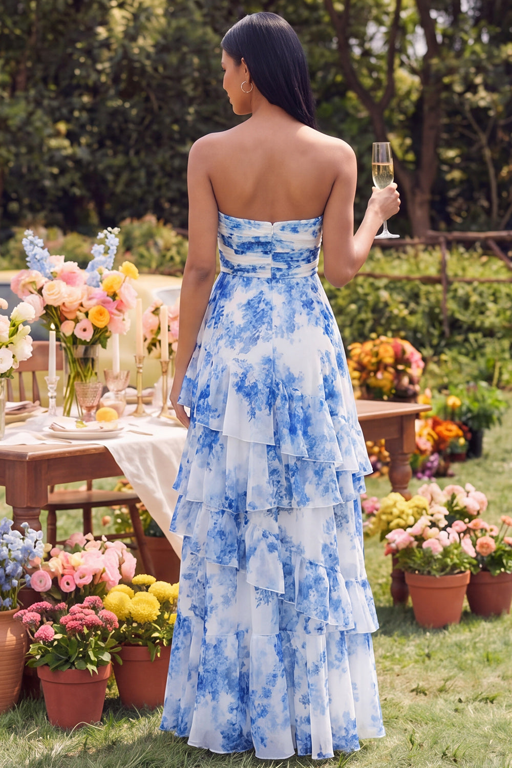 SWhite Blue Flower Strapless Ruched Maxi A Line Formal Dress with Ruffles