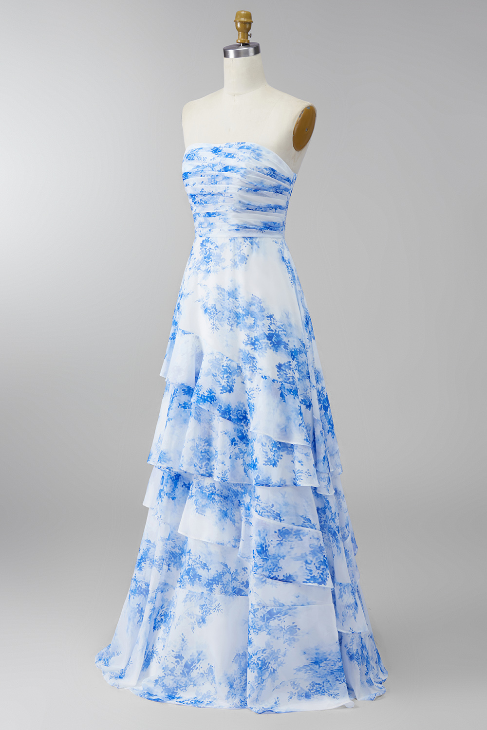 SWhite Blue Flower Strapless Ruched Maxi A Line Formal Dress with Ruffles