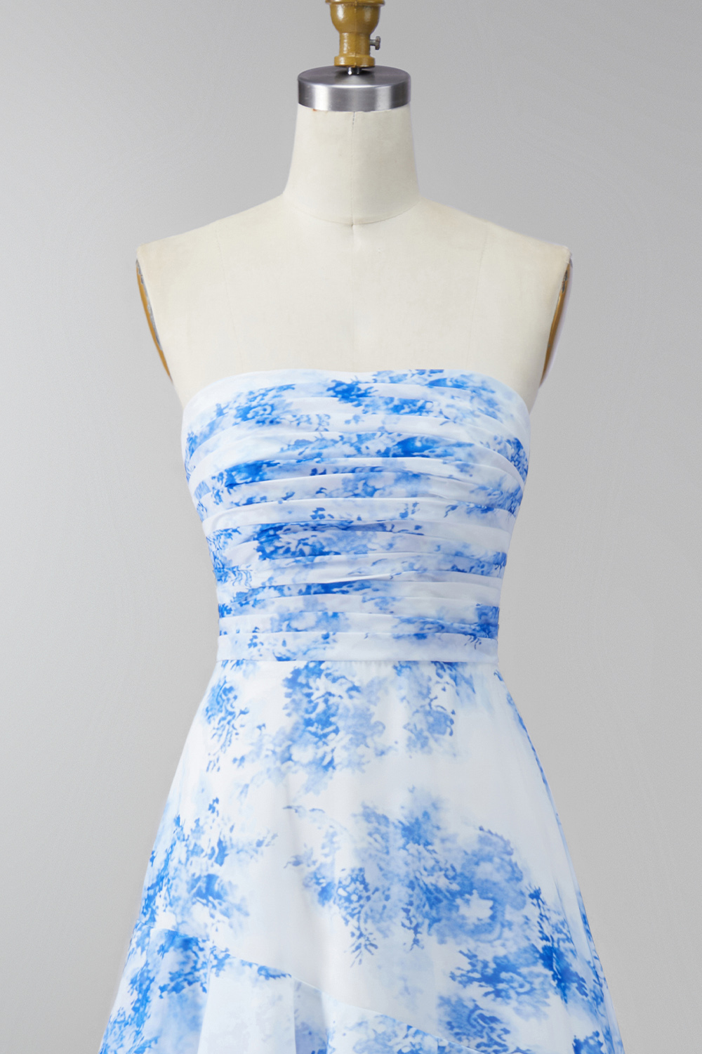 SWhite Blue Flower Strapless Ruched Maxi A Line Formal Dress with Ruffles