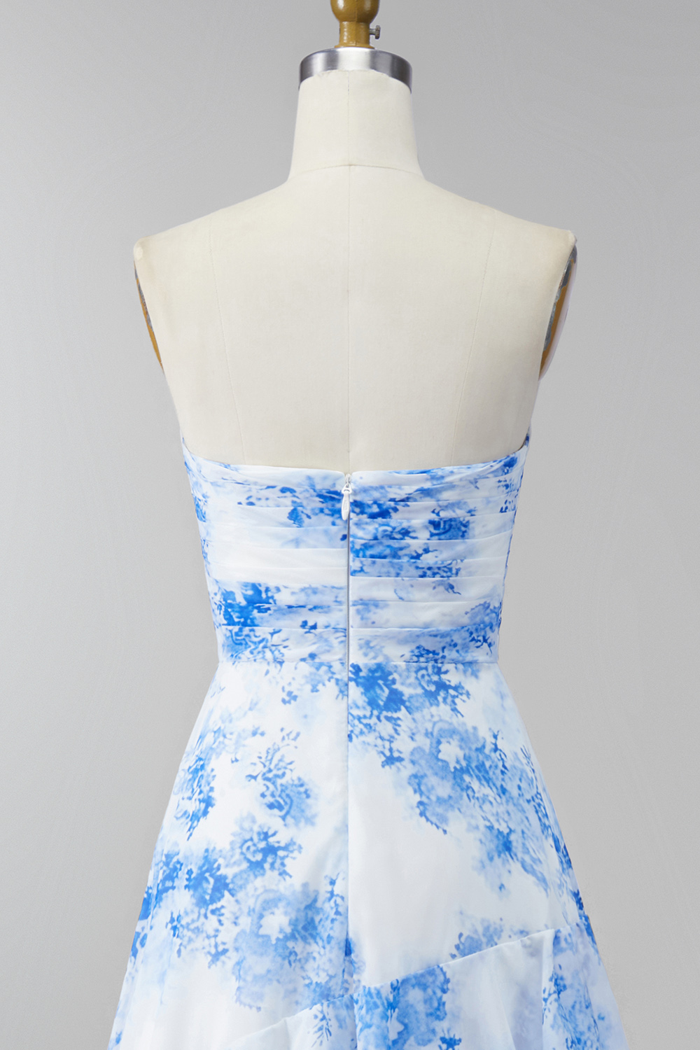 SWhite Blue Flower Strapless Ruched Maxi A Line Formal Dress with Ruffles