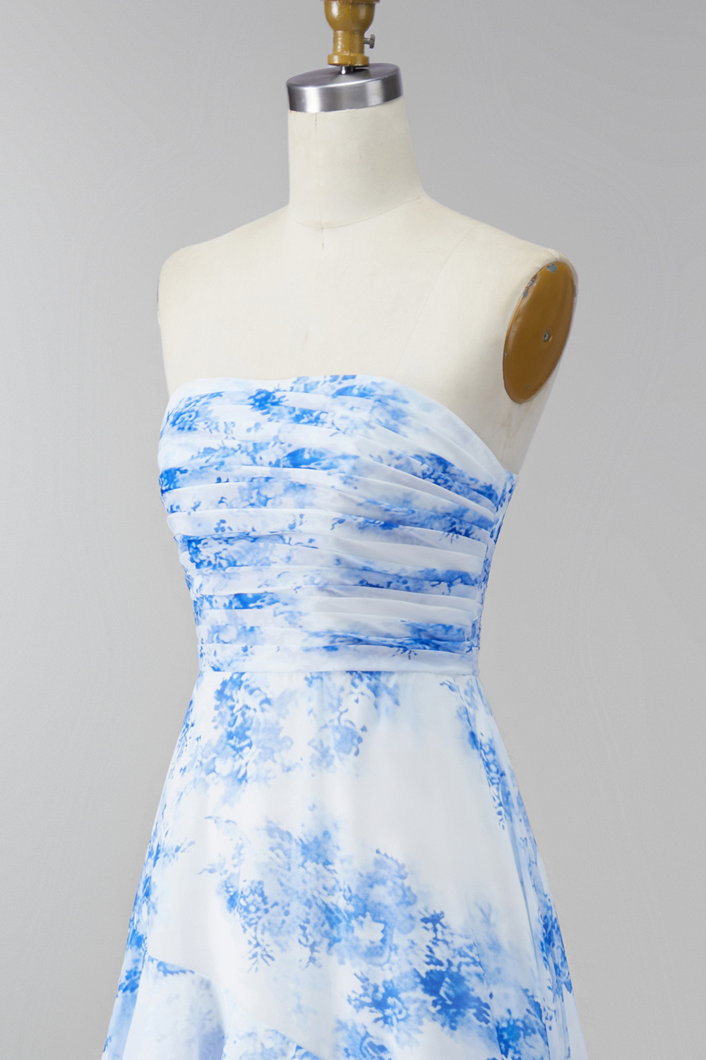 SWhite Blue Flower Strapless Ruched Maxi A Line Formal Dress with Ruffles