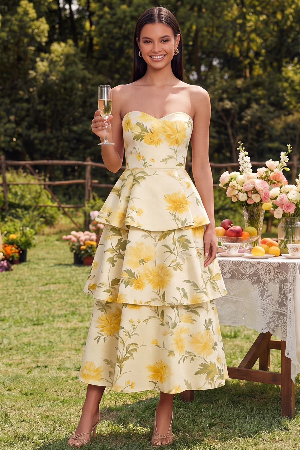 Yellow A Line Floral Maxi Strapless Formal Dress with Ruffles