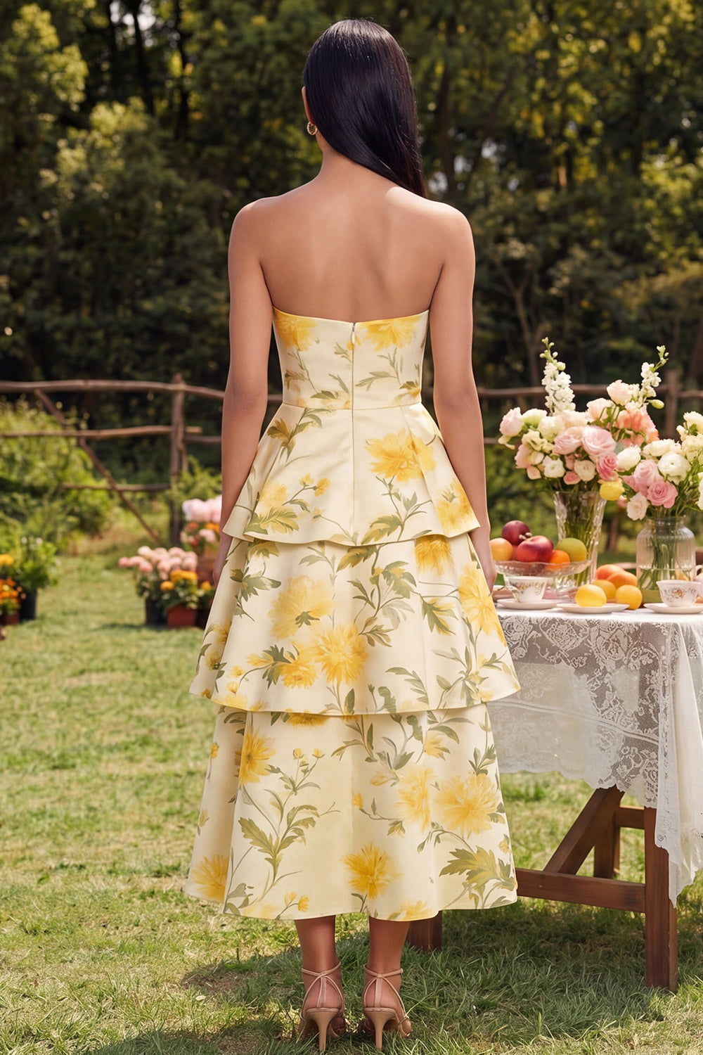 Yellow A Line Floral Maxi Strapless Formal Dress with Ruffles