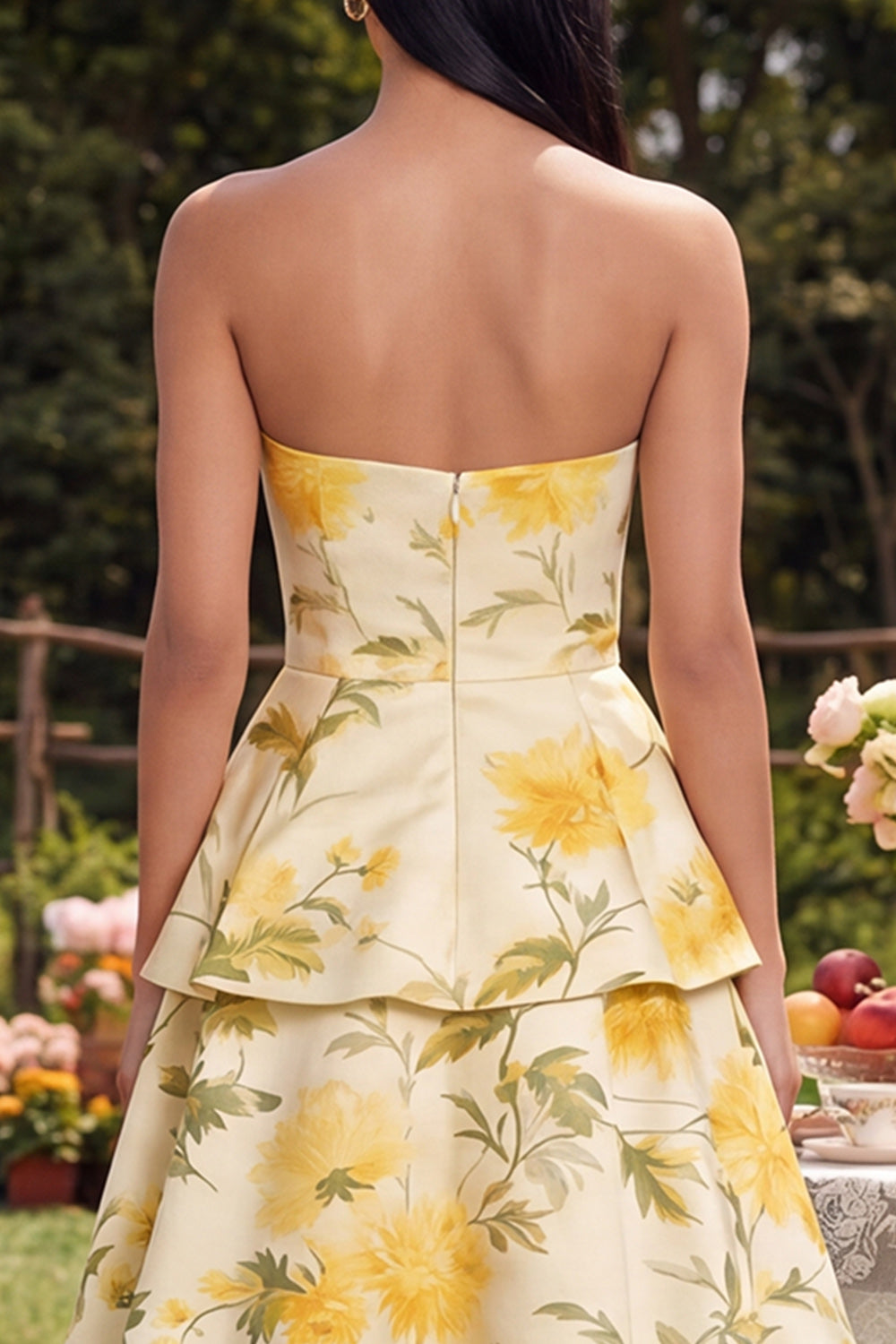 Yellow A Line Floral Maxi Strapless Formal Dress with Ruffles