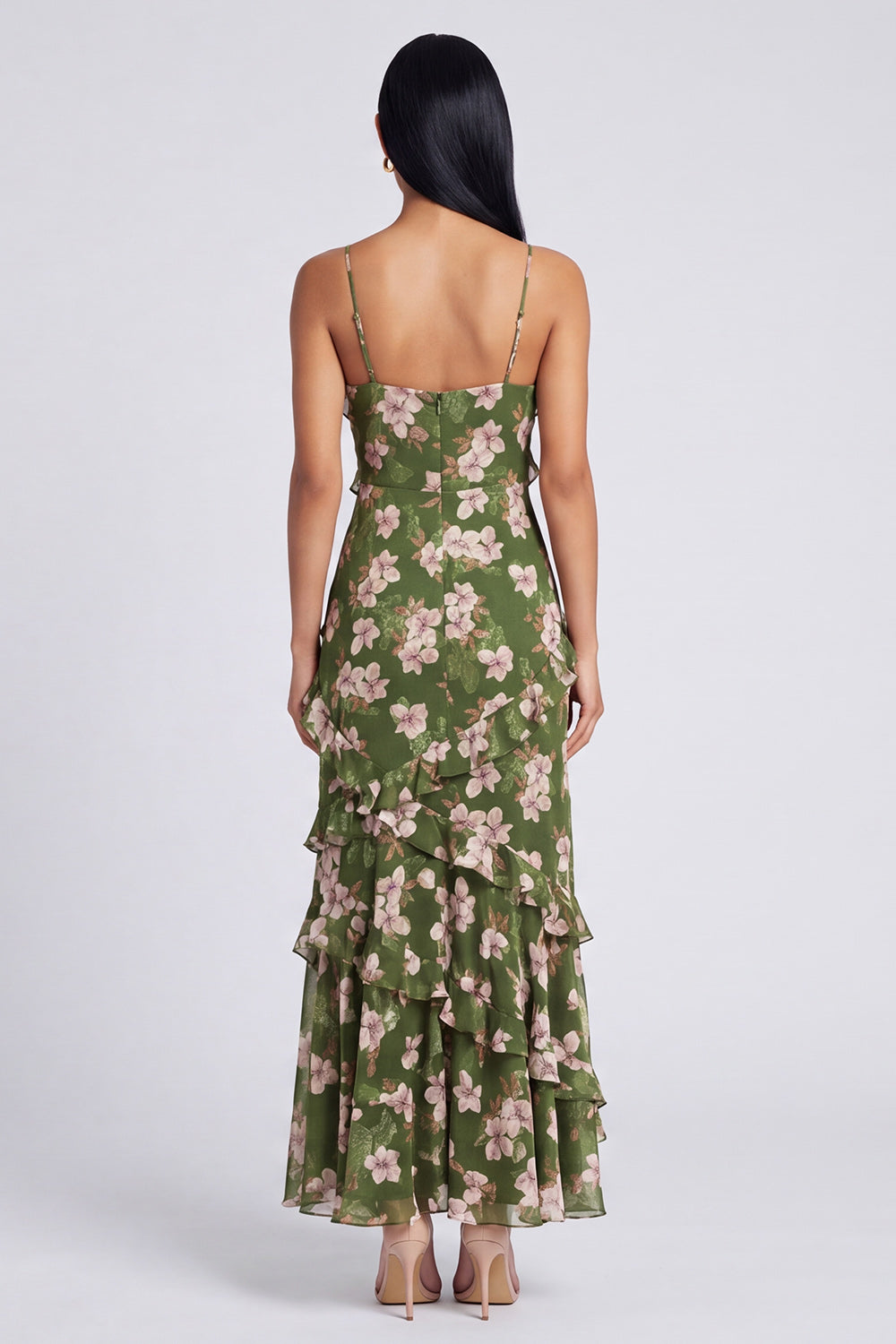 Dark Green Spaghetti Straps Floral Maxi A Line Formal Dress with Ruffles