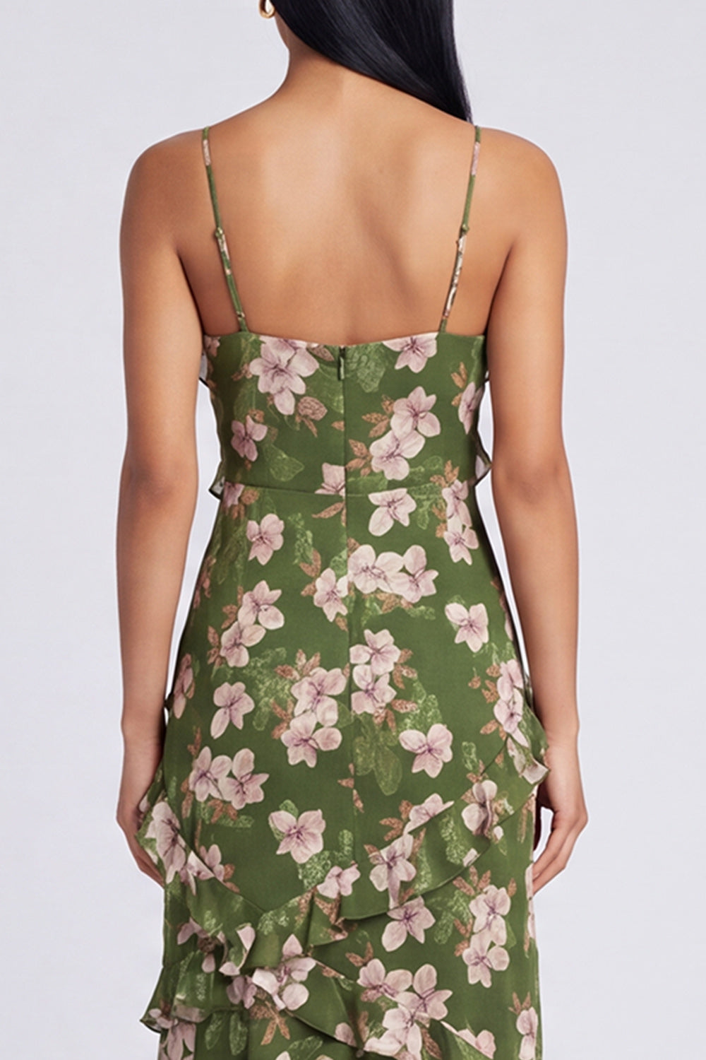 Dark Green Spaghetti Straps Floral Maxi A Line Formal Dress with Ruffles