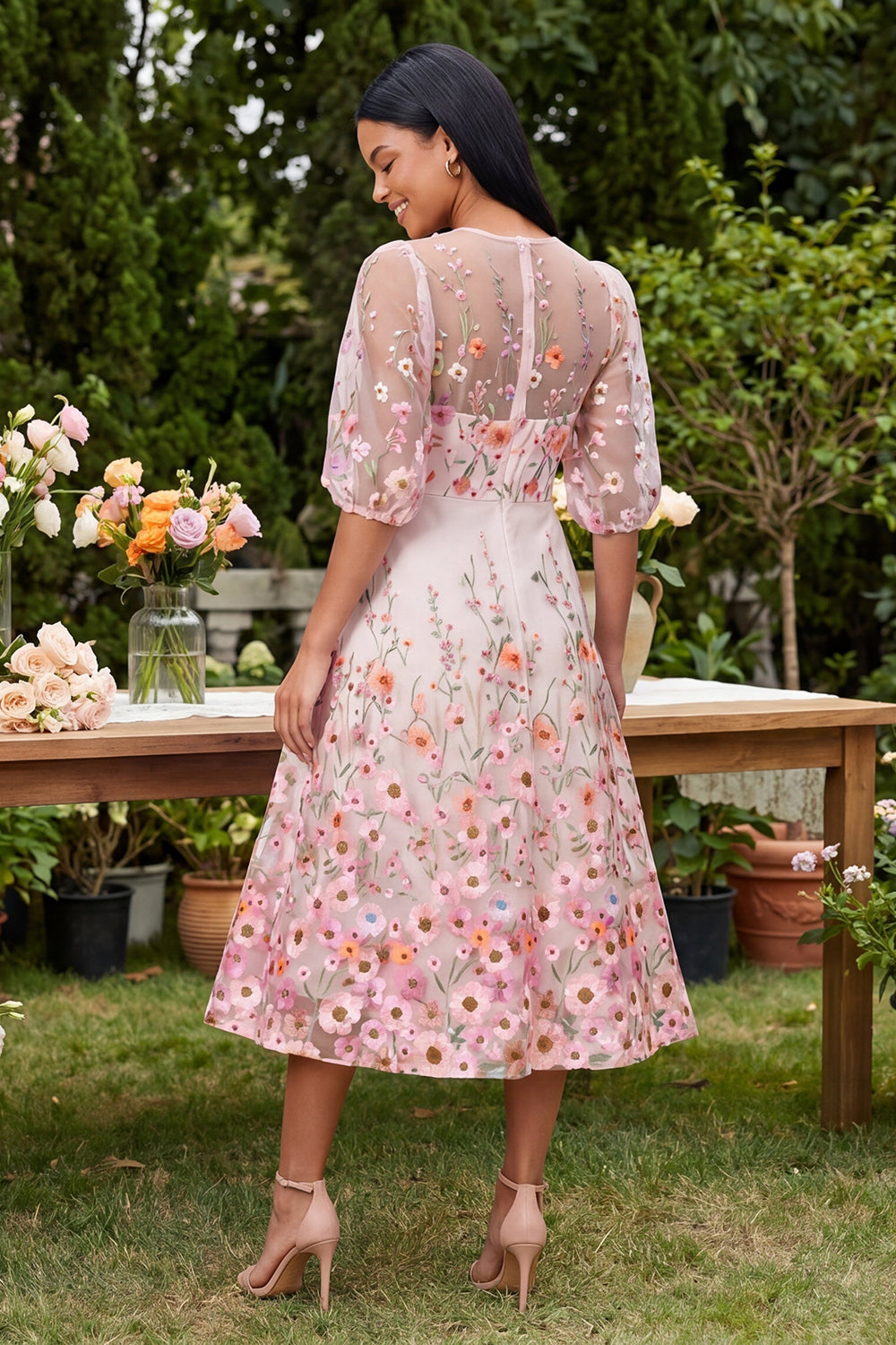 Floral Pink Round Neck Maxi A Line Beach Wedding Guest Dress