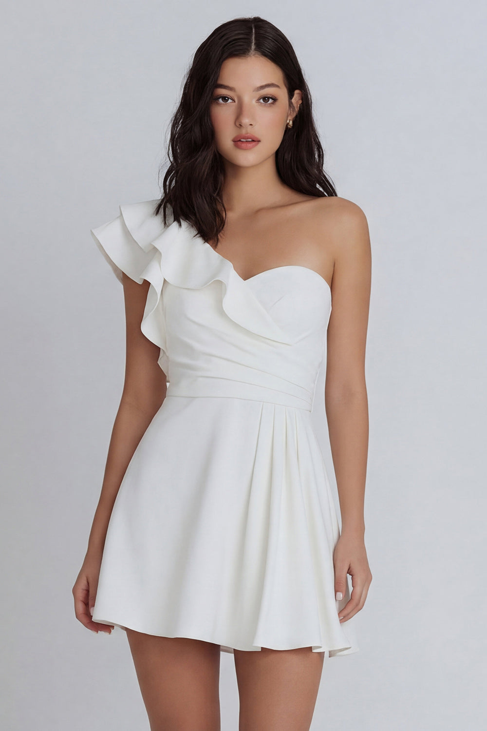Ivory Ruched One Shoulder A Line Short Bachelorette Dress with Ruffles