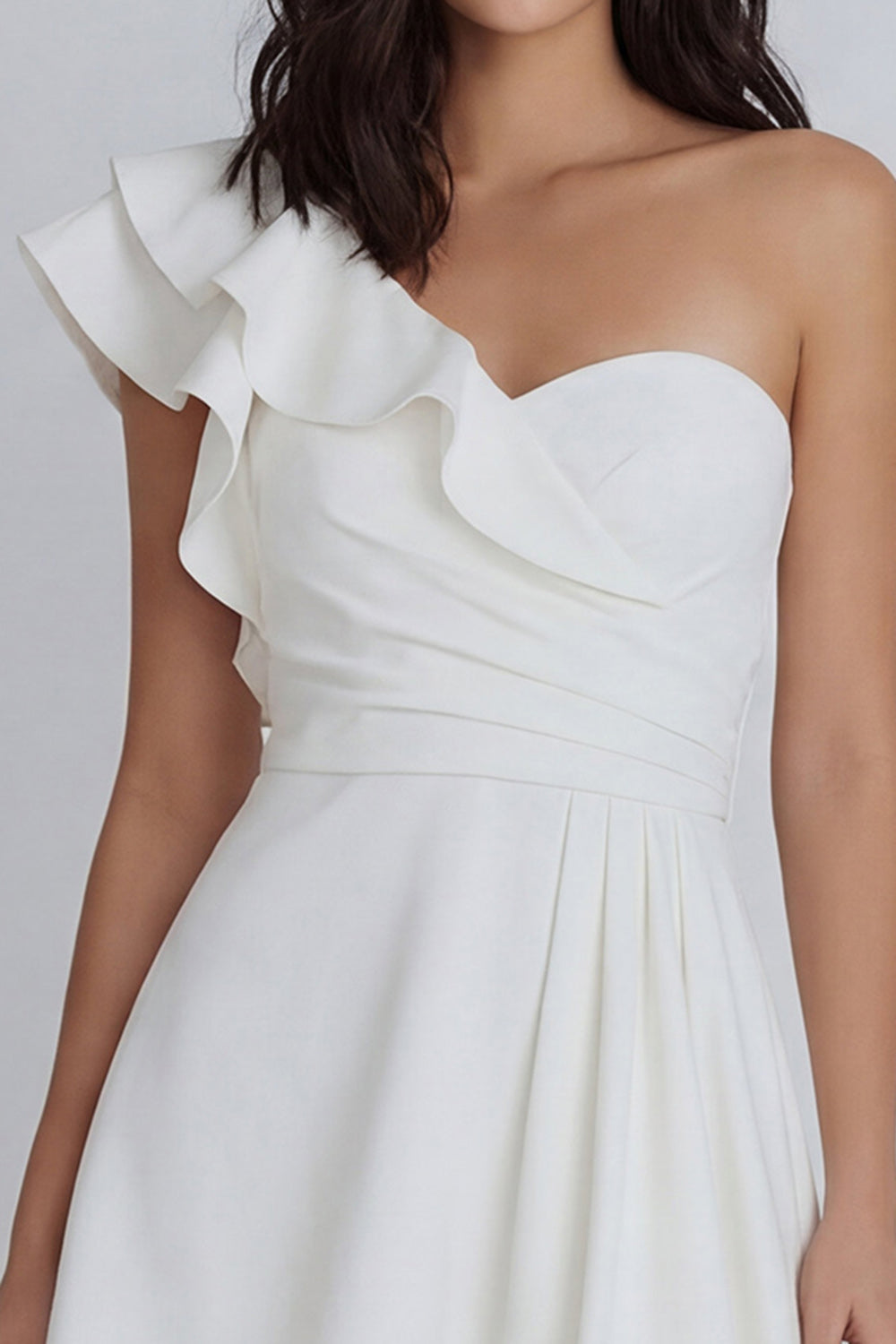 Ivory Ruched One Shoulder A Line Short Bachelorette Dress with Ruffles