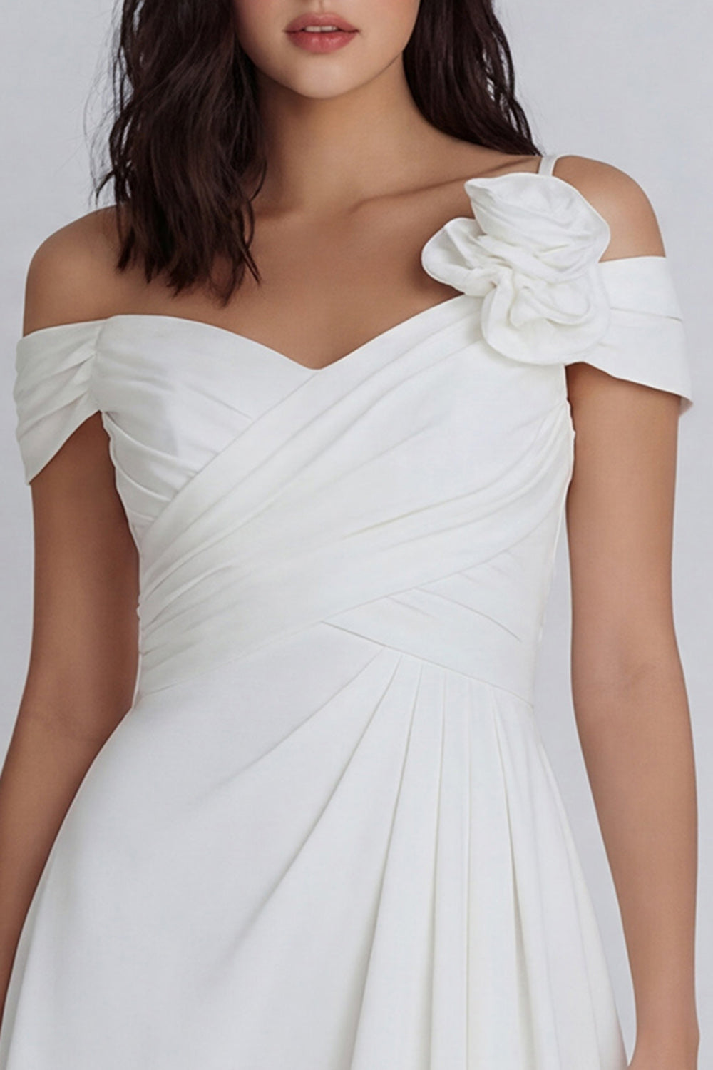 Ivory Off the Shoulder A Line Ruched Short Little White Dress with 3D Flower