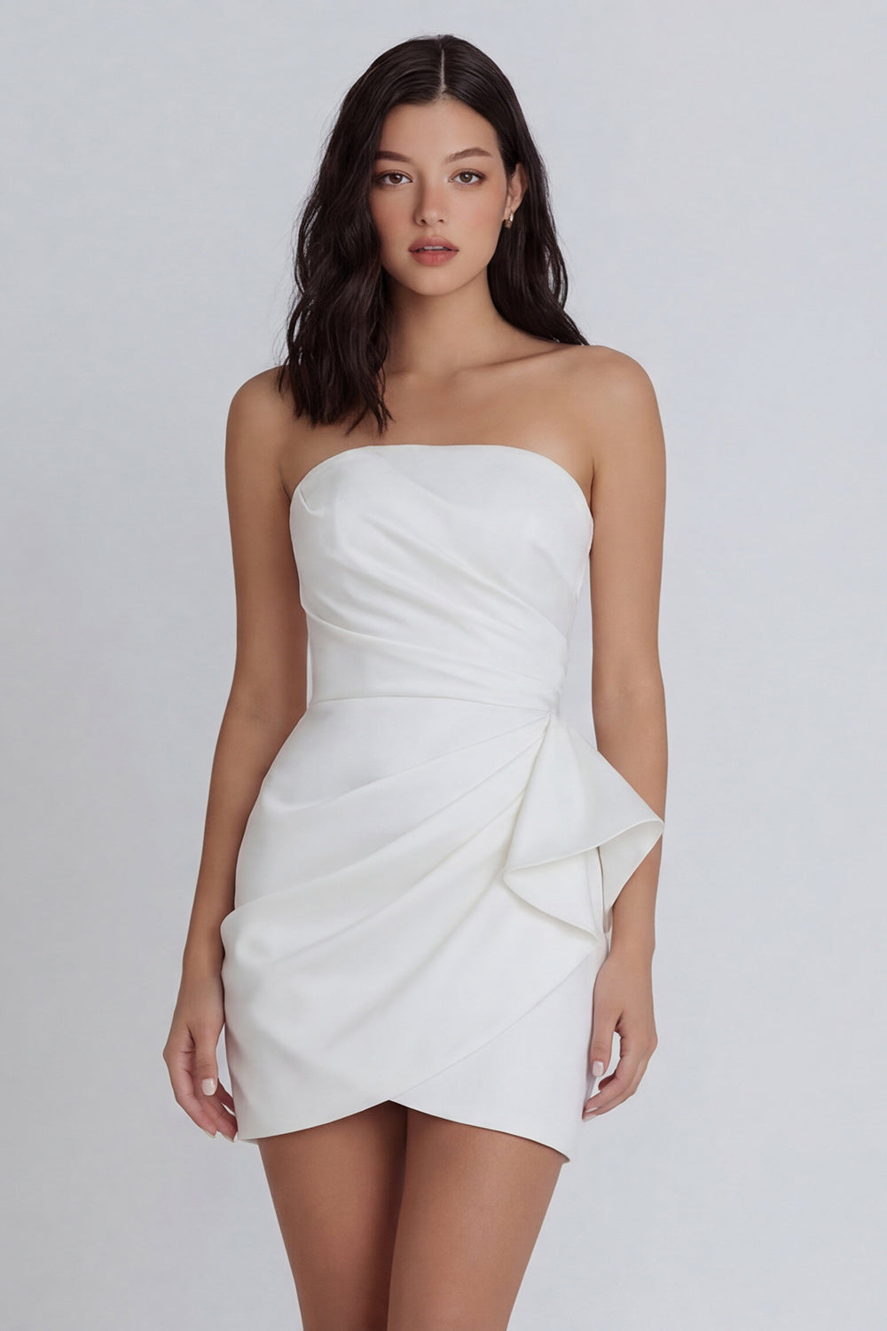 Ivory Strapless Tight Ruched Short Little White Dress with Sash
