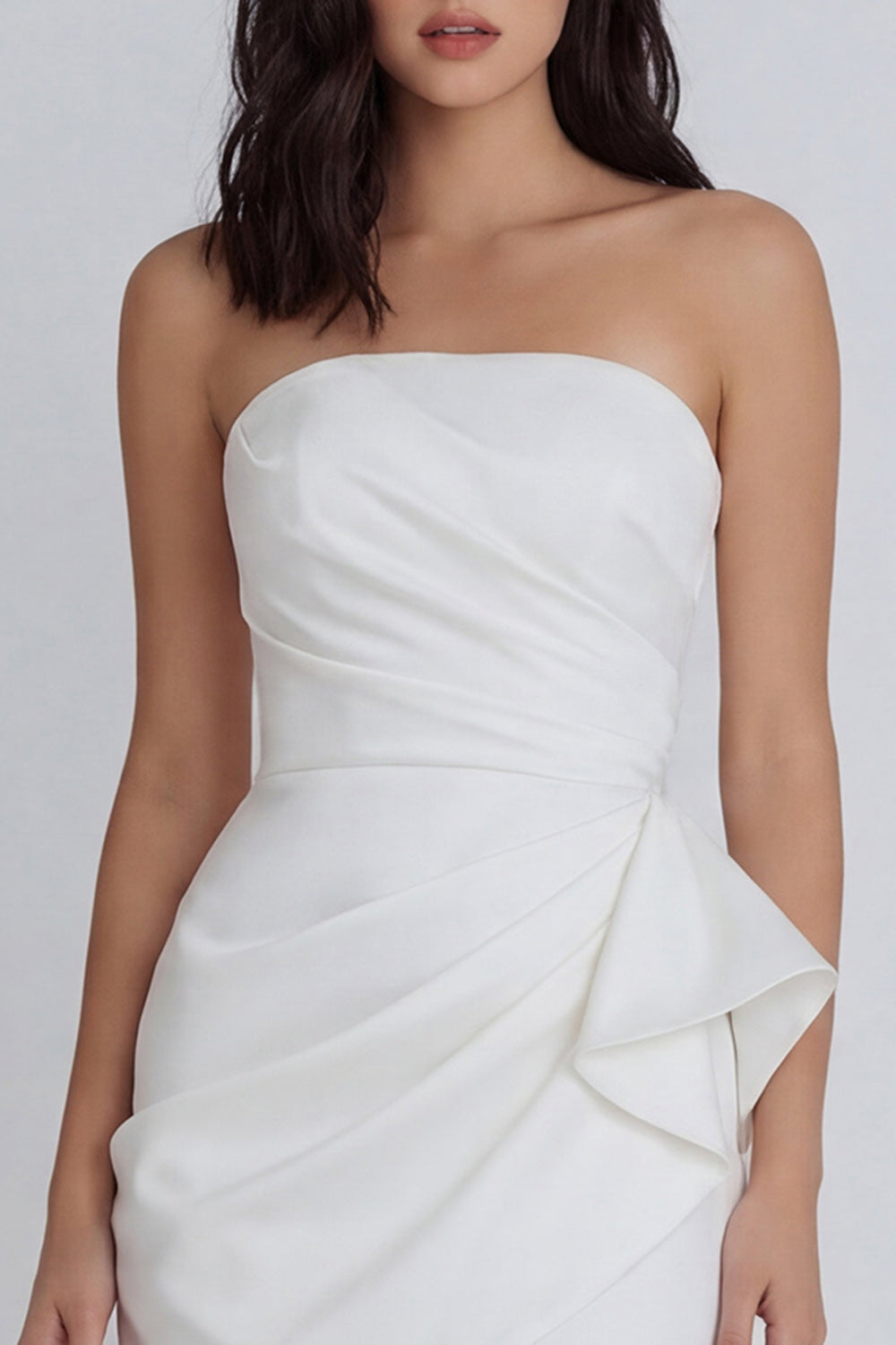 Ivory Strapless Tight Ruched Short Little White Dress with Sash