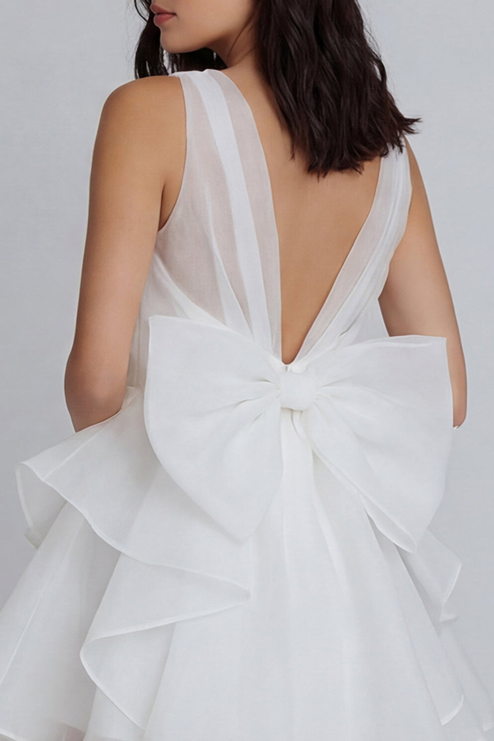 Ivory V-Neck A Line Short Ruffled Bridal Shower Dress with Bow