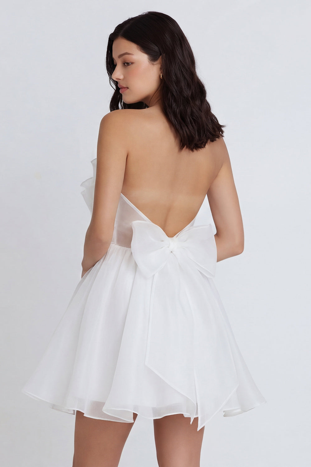 A Line Strapless Ivory Ruffled Short Bachelorette Dress with Bow
