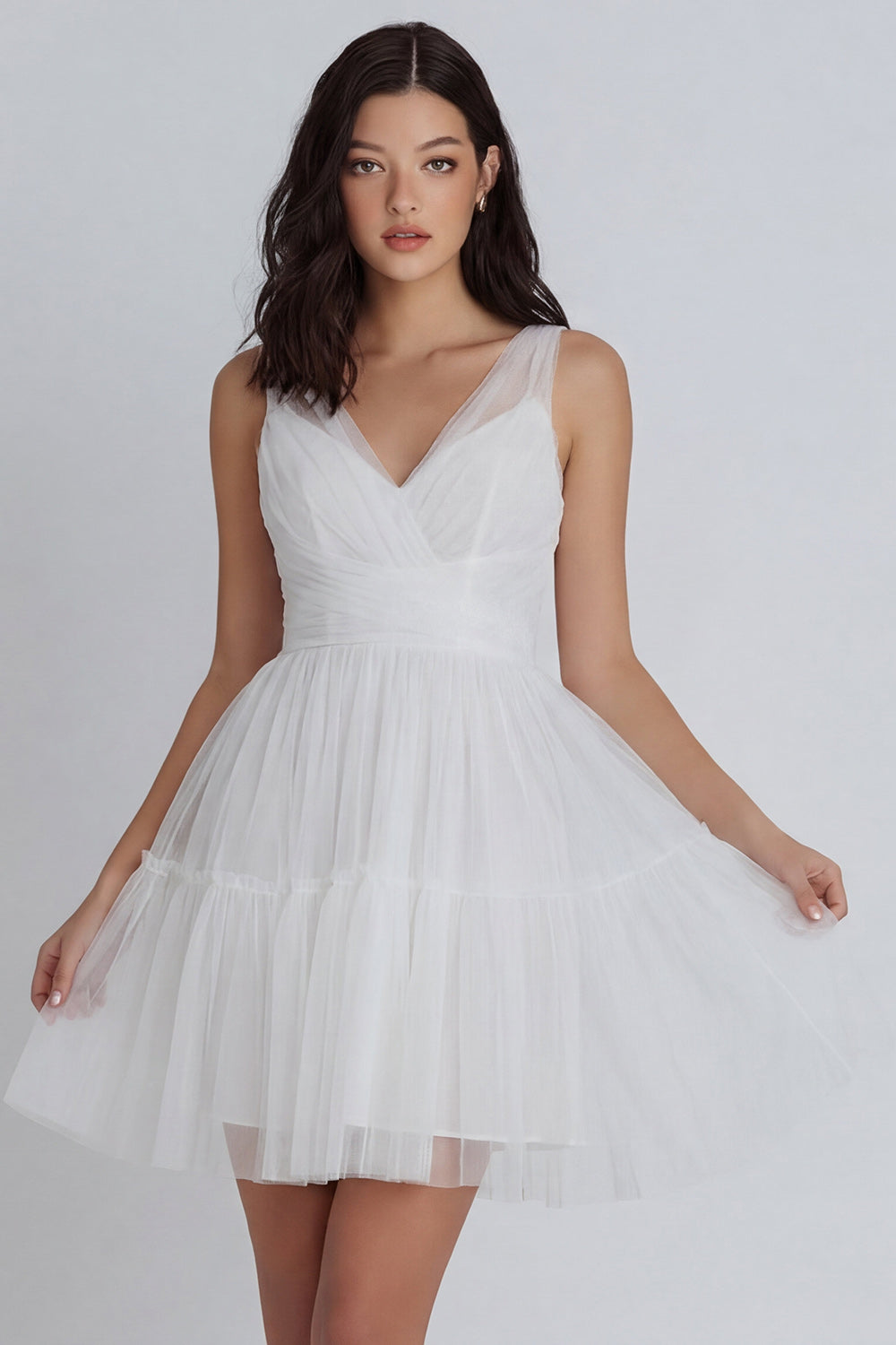 Ivory V-Neck A Line Ruched Short Bridal Shower Dress with Ruffles