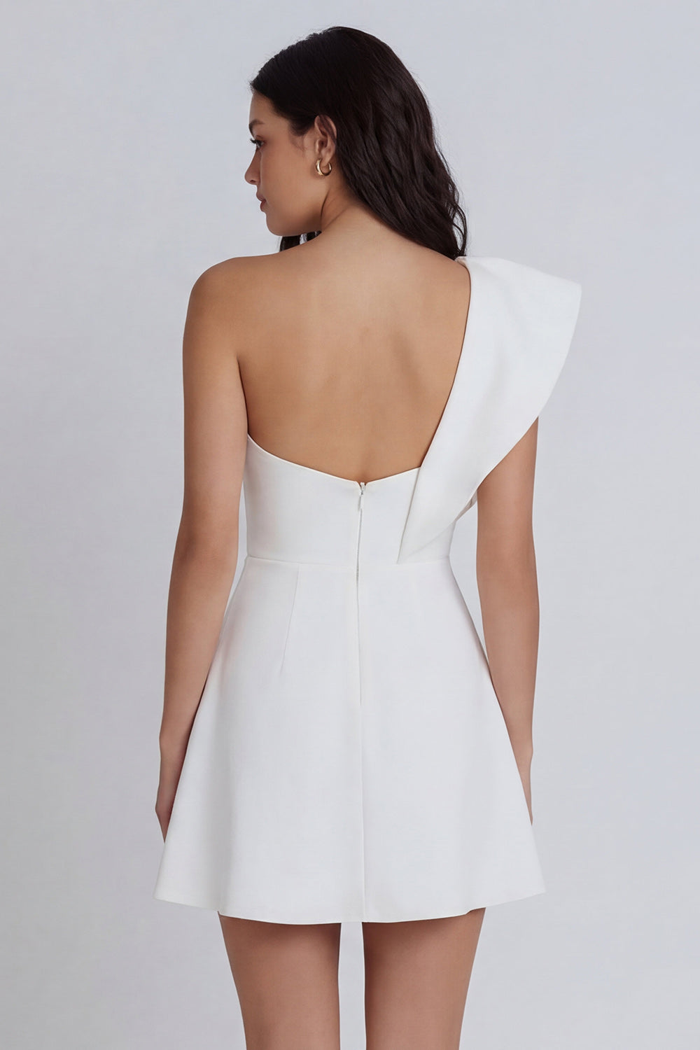 Ivory One Shoulder A Line Ruffled Short Bachelorette Dress with Slit