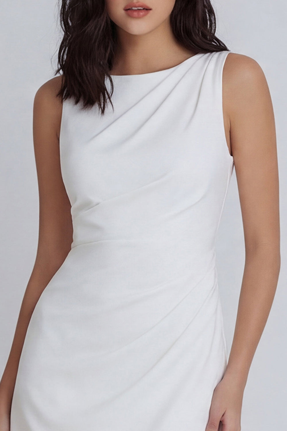 Ivory Ruched Boat Neck Tight Short Little White Dress