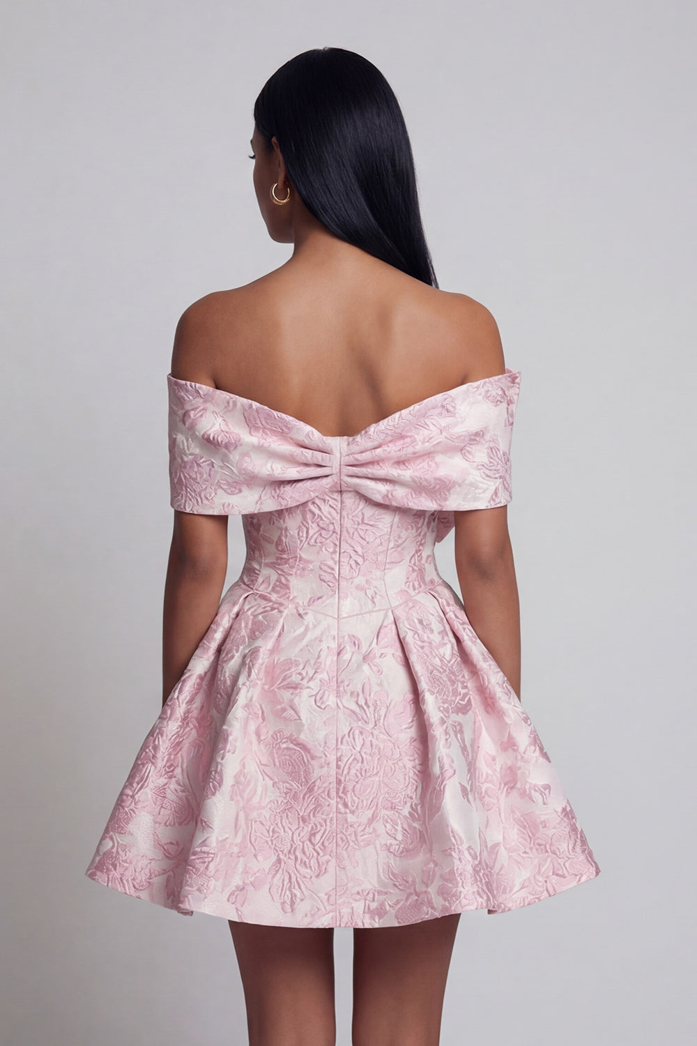 Pink Floral Off the Shoulder A Line Short Wedding Guest Dress with Bow