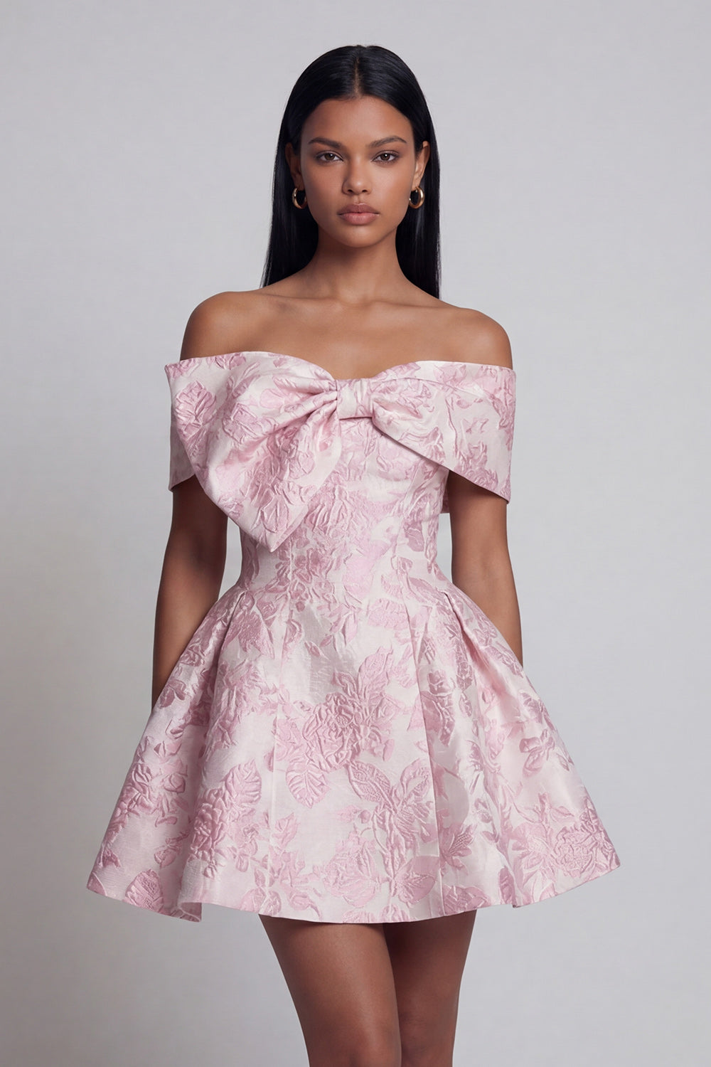 Pink Floral Off the Shoulder A Line Short Wedding Guest Dress with Bow