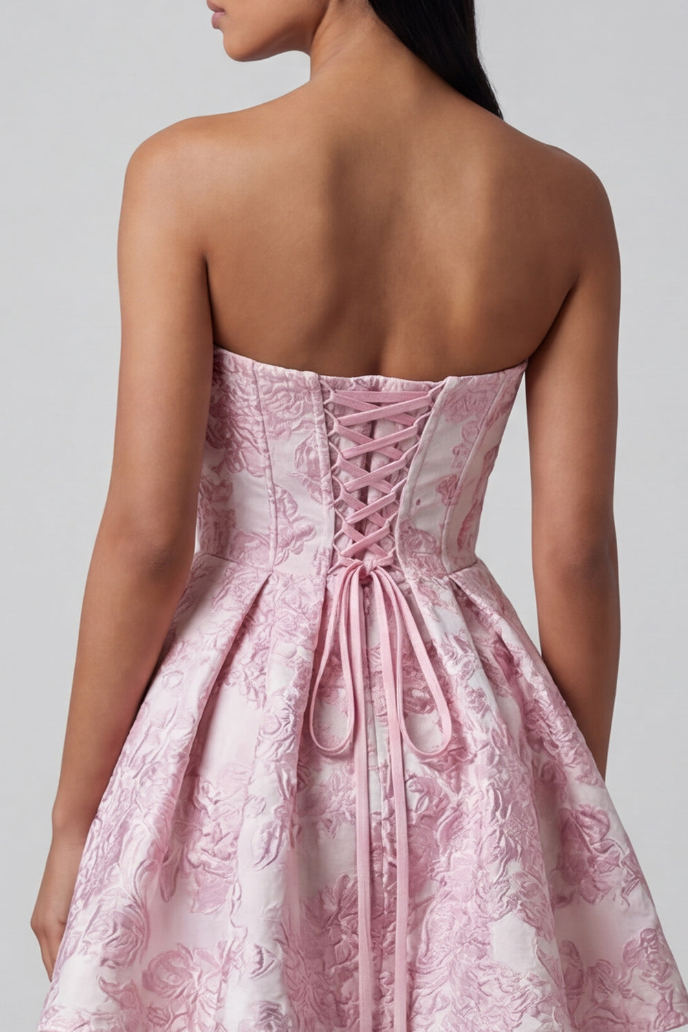 Pink Ruffled Strapless A Line Floral Short Corset Wedding Guest Dress with Bow