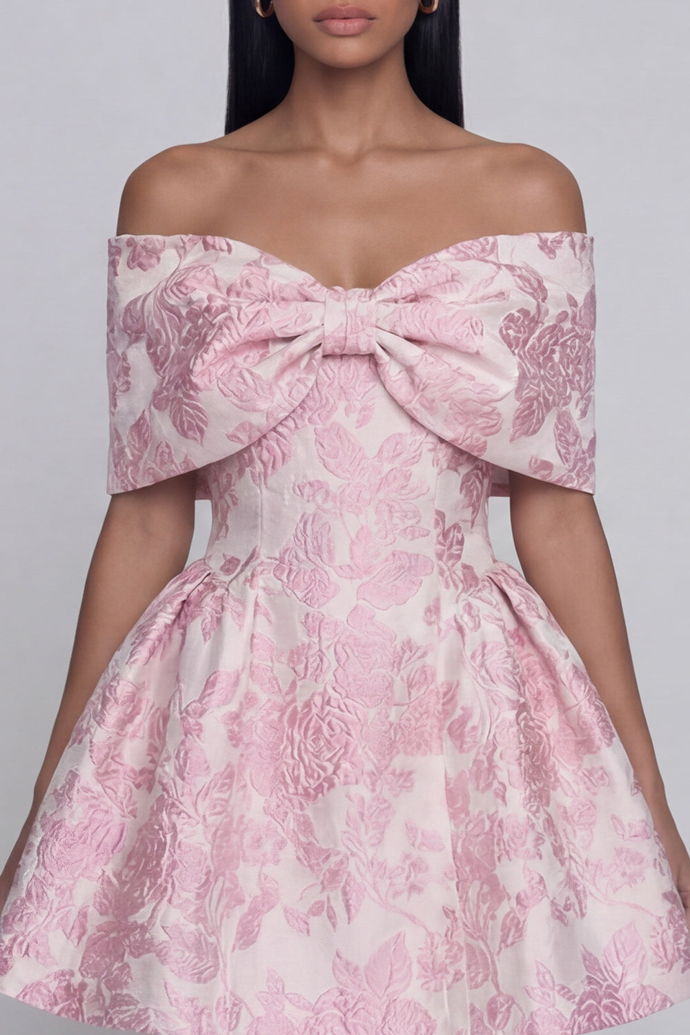 Pink A Line Short Floral Off the Shoulder Wedding Guest Dress with Bow