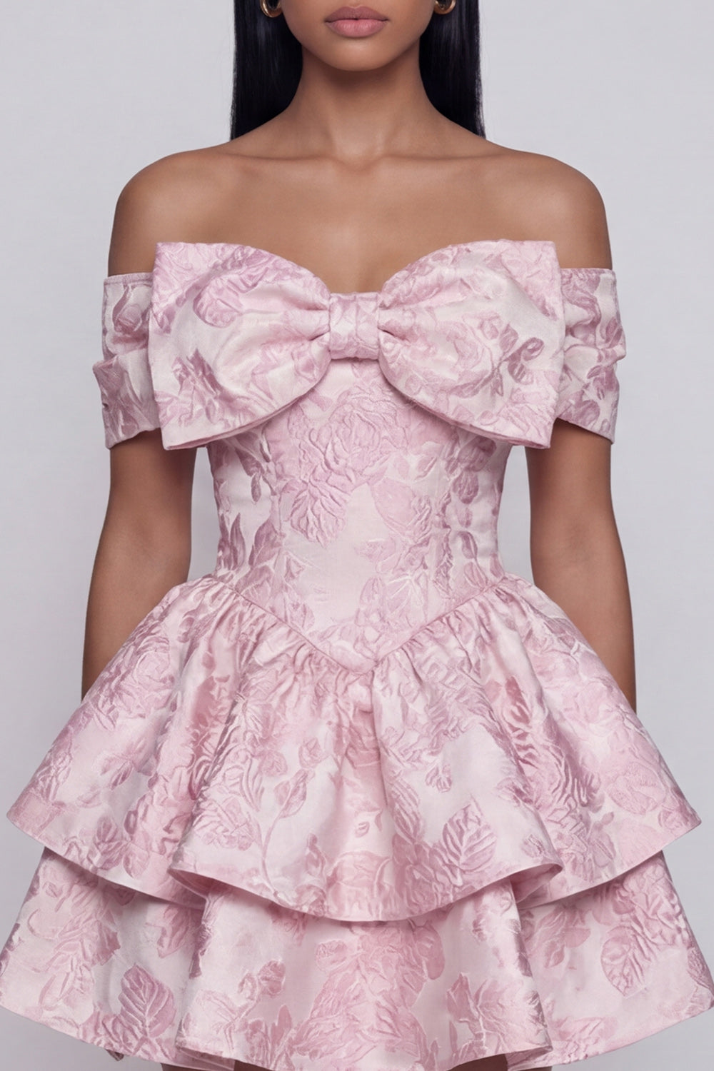 Pink A Line Ruffled Short Floral Off the Shoulder Wedding Guest Dress with Bow