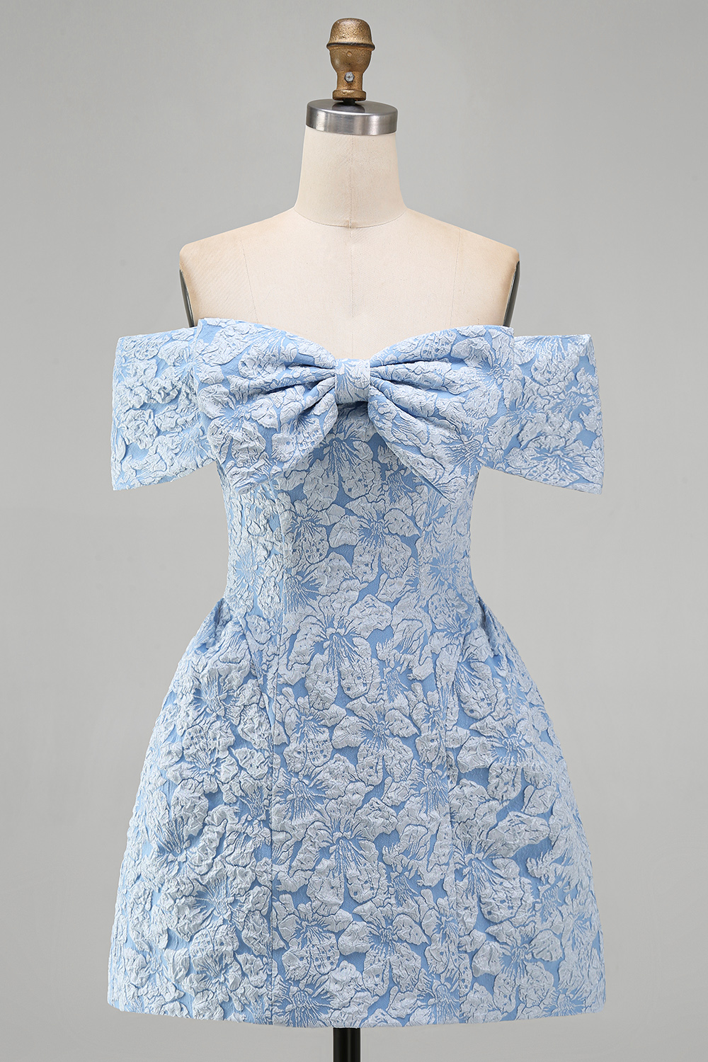 Blue A Line Floral Off the Shoulder Short Wedding Guest Dress with Bow
