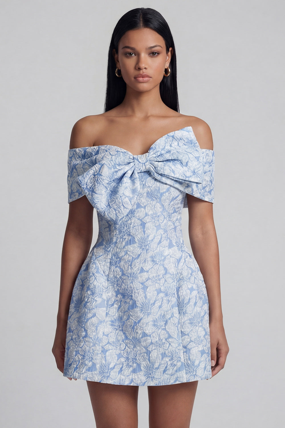 Blue A Line Floral Off the Shoulder Short Wedding Guest Dress with Bow