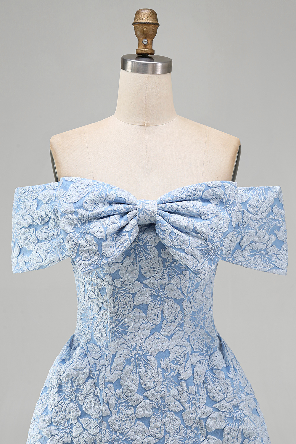 Blue A Line Floral Off the Shoulder Short Wedding Guest Dress with Bow