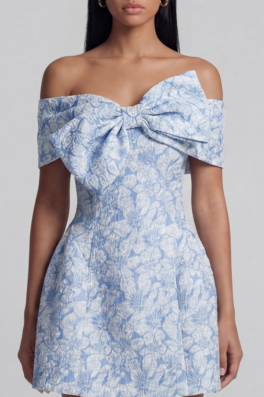 Blue A Line Floral Off the Shoulder Short Wedding Guest Dress with Bow