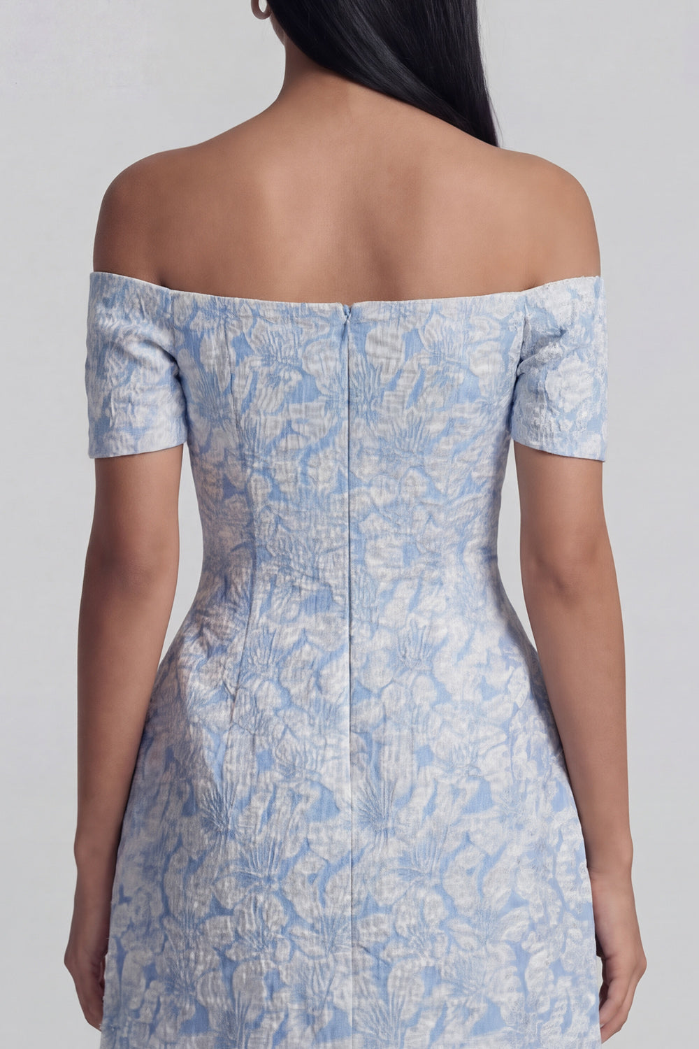 Blue A Line Floral Off the Shoulder Short Wedding Guest Dress with Bow