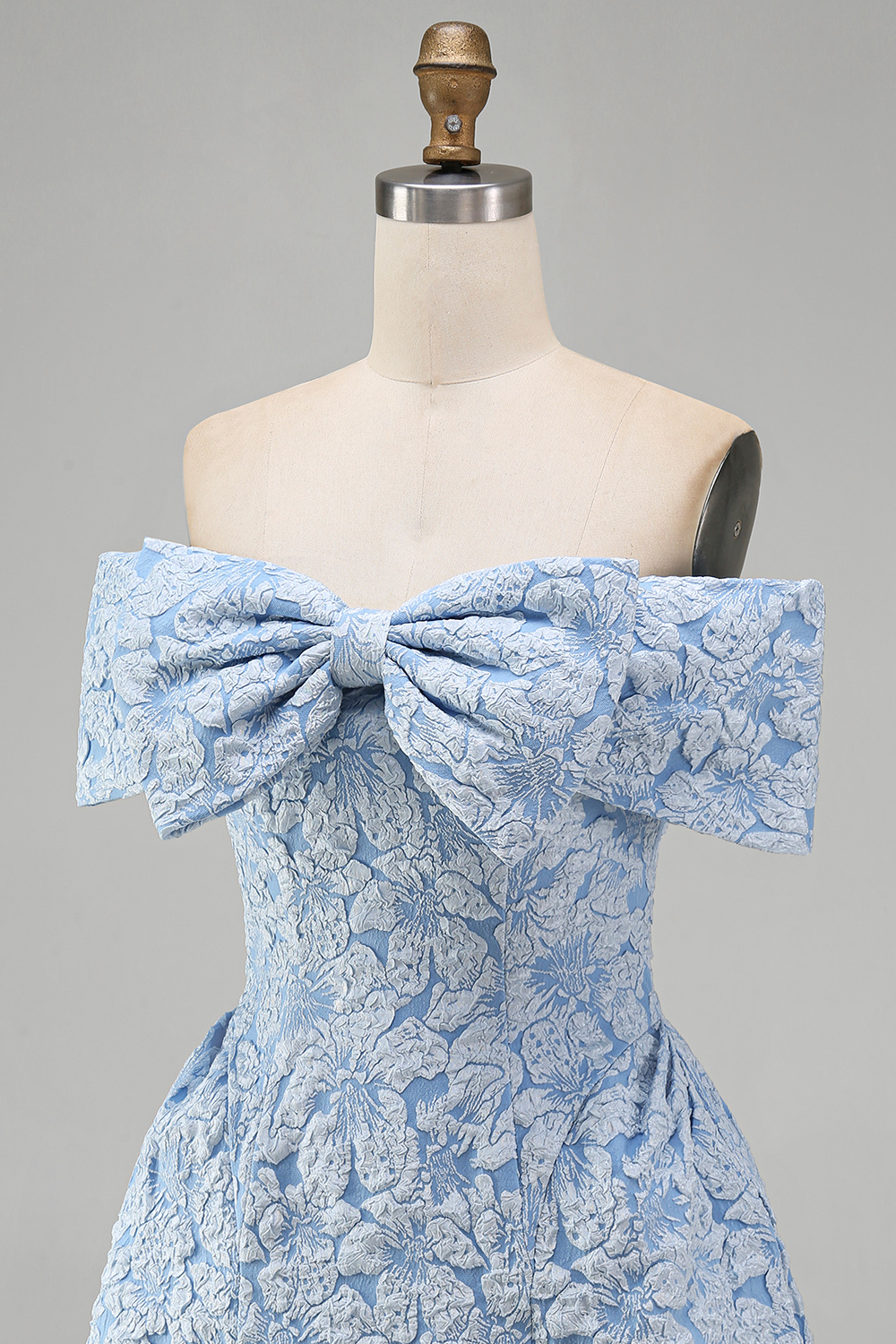 Blue A Line Floral Off the Shoulder Short Wedding Guest Dress with Bow